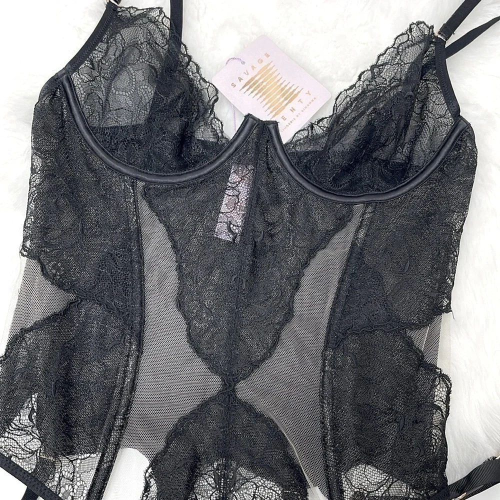 Savage X Fenty by Rihanna Black Lace & Tan Mesh Sheer Bodysuit Teddy Size Small